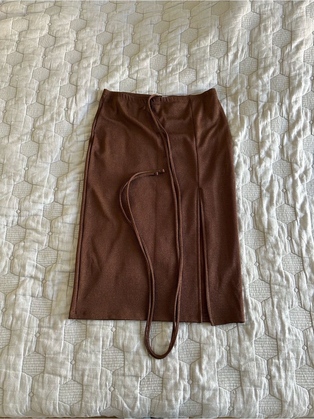 H&M Brown Midi Skirt with Front Slit and Waist Tie